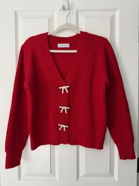 Chicwish Red Knit V-Neck Cardigan with Bow Accents